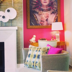 Camouflaged into this beautiful room is the NV Silk Pillow featuring the original painting, Yumasi Zulu.